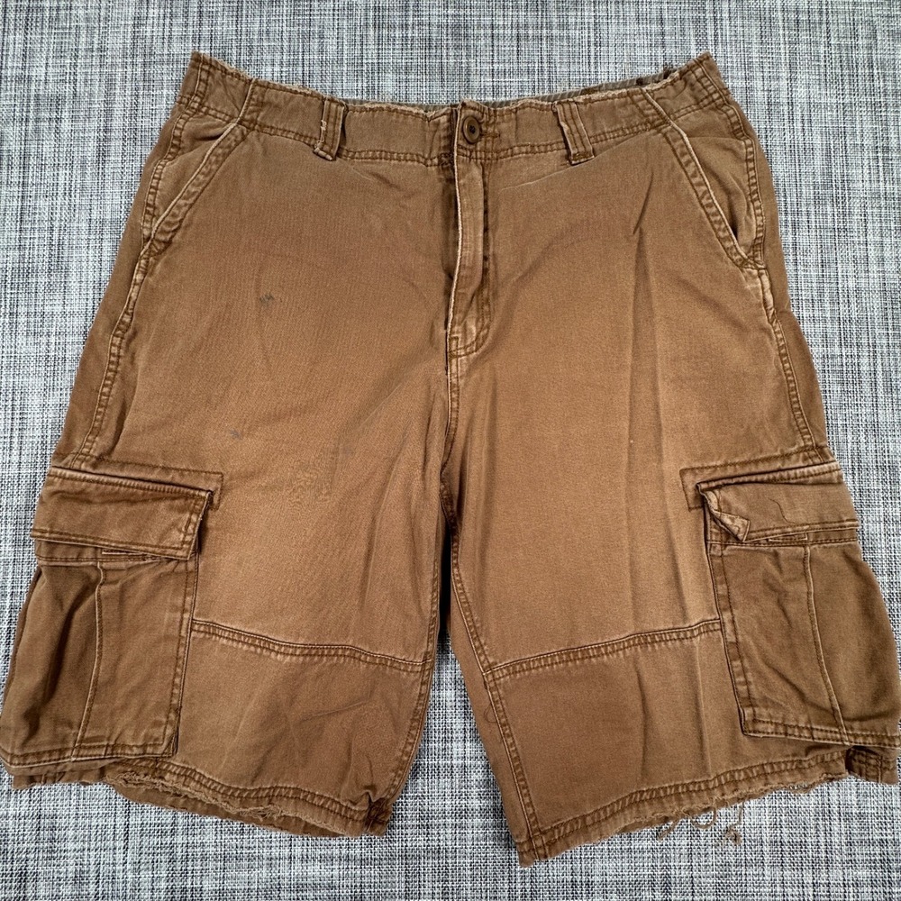 Plugg Mens Cargo Shorts 38 Brown Cotton Multi Pocket Utility Workwear Flat Front